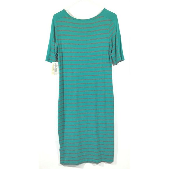 LuLaRoe Julia / Pencil Sheath Stretch Fabric Dress / Teal Gray Stripe / Size M - Picture 2 of 4